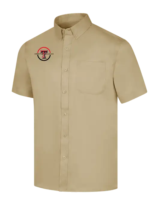 Short Sleeve Dark Tan Superpro React Twill Shirt w/Texas Tech CU Logo