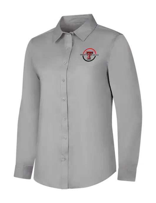 Light Grey Womens Long Sleeve Superpro React Twill Shirt w/Texas Tech CU Logo