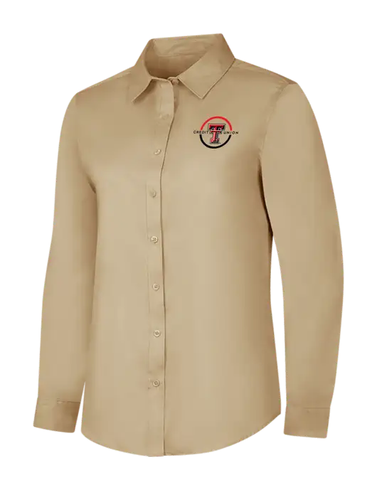 Dark Tan Womens Long Sleeve Superpro React Twill Shirt w/Texas Tech CU Logo