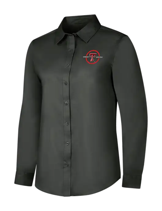Dark Grey Womens Long Sleeve Superpro React Twill Shirt w/Texas Tech CU Logo