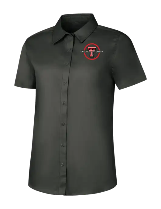 Womens Dark Grey Short Sleeve Superpro React Twill Shirt w/Texas Tech CU Logo