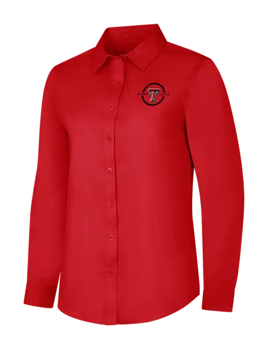 Red Womens Long Sleeve Superpro React Twill Shirt w/Texas Tech CU Logo