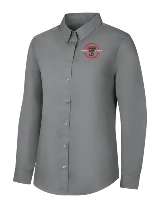 Womens Medium Grey Long Sleeve Carefree Poplin Shirt w/Texas Tech CU Logo