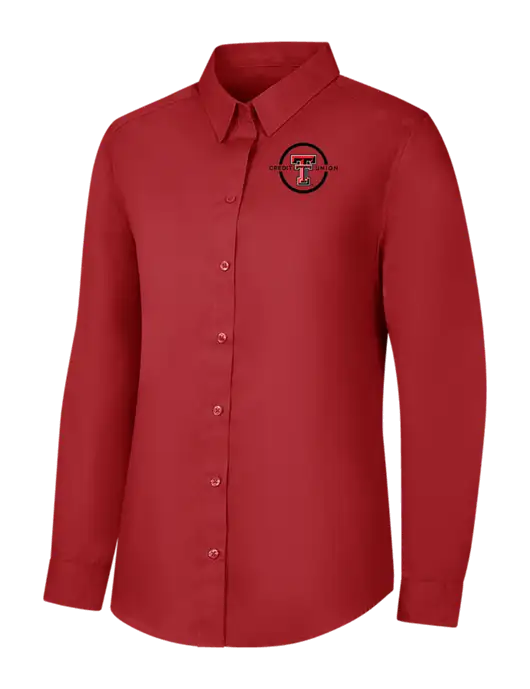 Womens Rich Red  Long Sleeve Carefree Poplin Shirt w/Texas Tech CU Logo