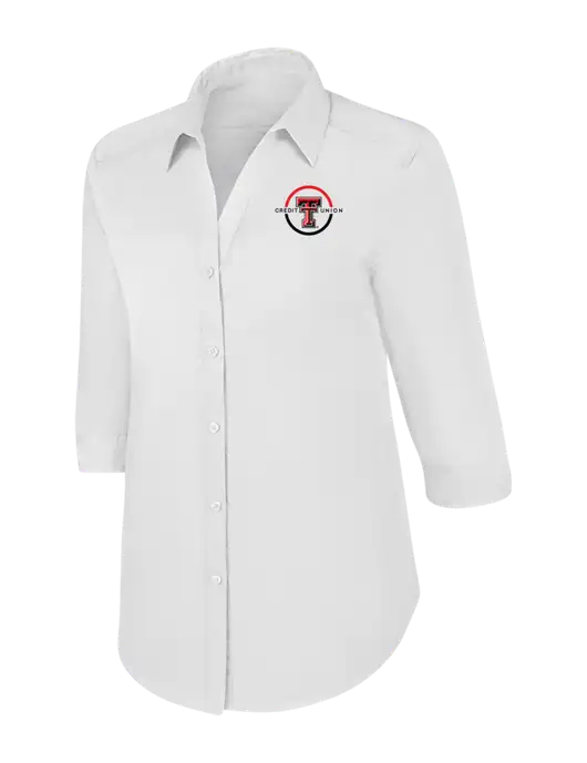 Womens White 3/4 Sleeve Carefree Poplin Shirt w/Texas Tech CU Logo