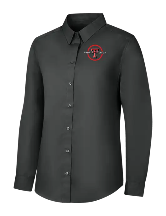 Womens Dark Grey Long Sleeve Carefree Poplin Shirt w/Texas Tech CU Logo