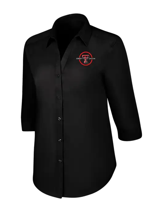 Womens Black 3/4 Sleeve Carefree Poplin Shirt w/Texas Tech CU Logo