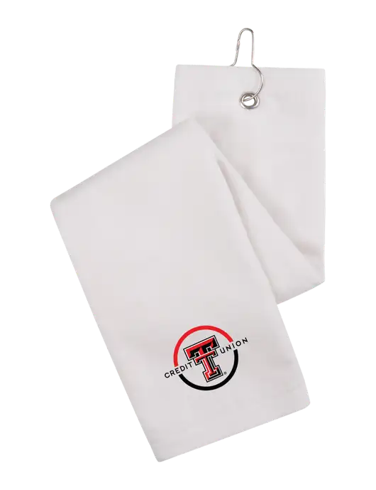 White Tri-Fold Golf Towel with Grommet w/Texas Tech CU Logo