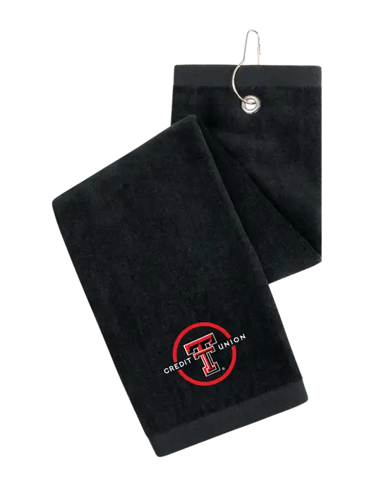 Black Tri-Fold Golf Towel with Grommet w/Texas Tech CU Logo