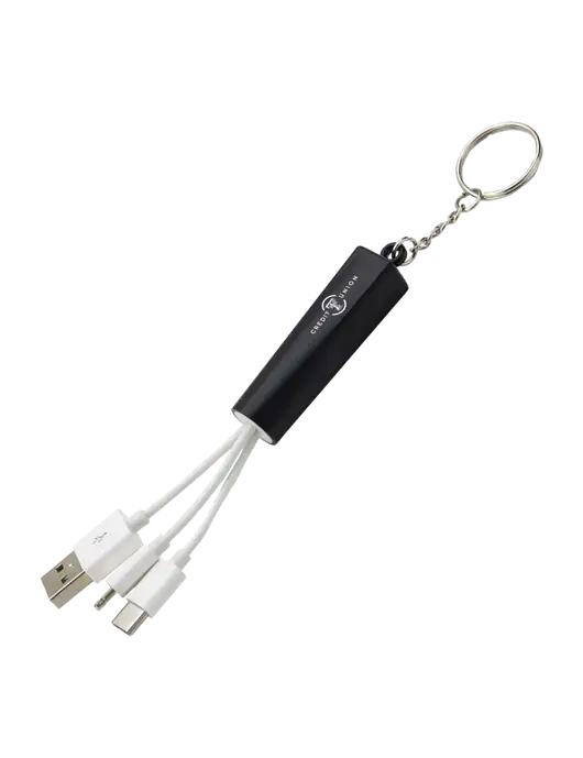 Black Light-Up Charging Cable with Key Ring w/Texas Tech CU Logo