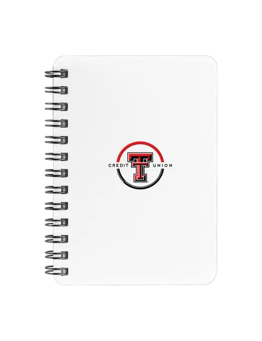 Sturdy White Hardcover Notebook, 5.25 x 7 w/Texas Tech CU Logo