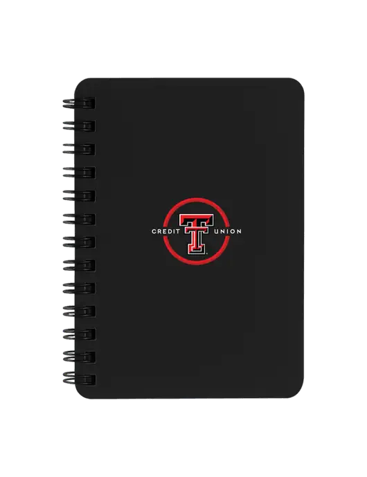 Sturdy Black Hardcover Notebook, 5.25 x 7 w/Texas Tech CU Logo