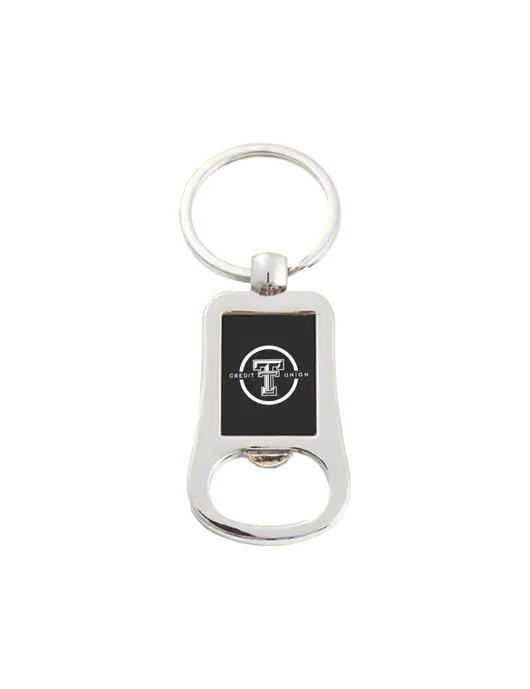 Silver & Black Bottle Opener Keychain w/Texas Tech CU Logo