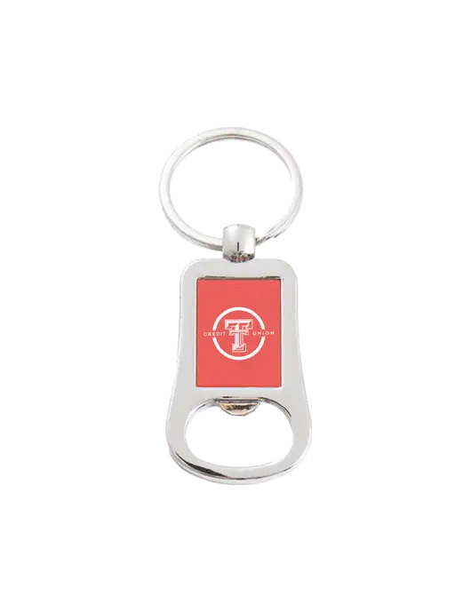 Silver & Red Bottle Opener Keychain w/Texas Tech CU Logo
