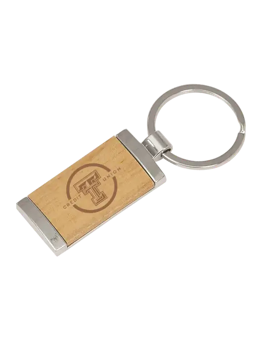 Wood & Silver Rectangle Keychain w/Texas Tech CU Logo