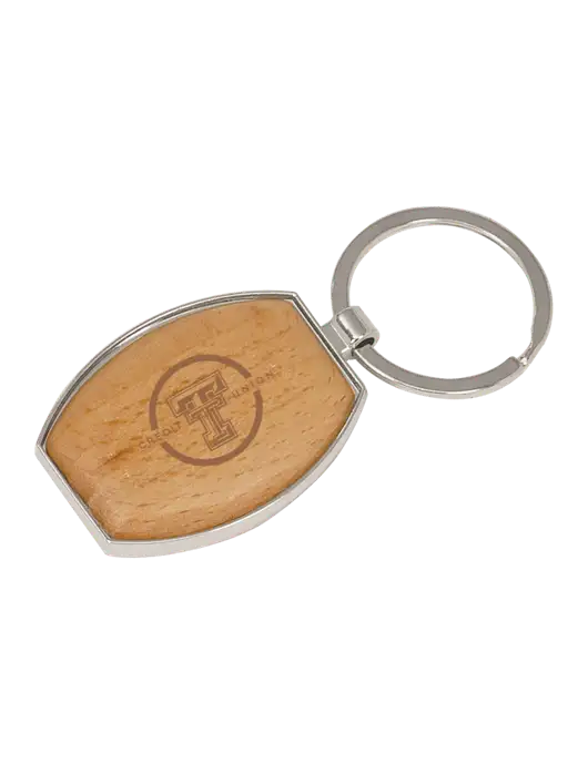 Wood & Silver Oval Keychain w/Texas Tech CU Logo