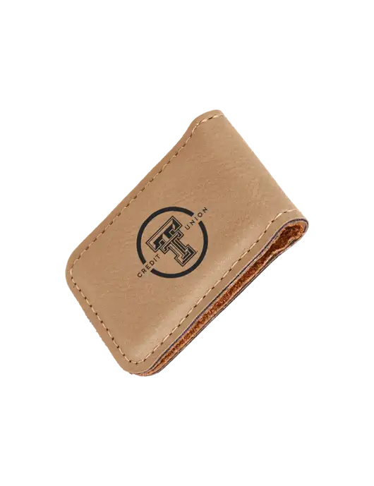 Tan Leatherette Money Clip w/Texas Tech CU Logo