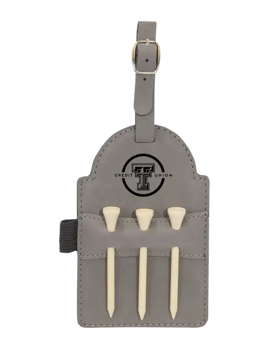 Grey Leatherette Golf Bag Tag with 3 Wooden Tees w/Texas Tech CU Logo