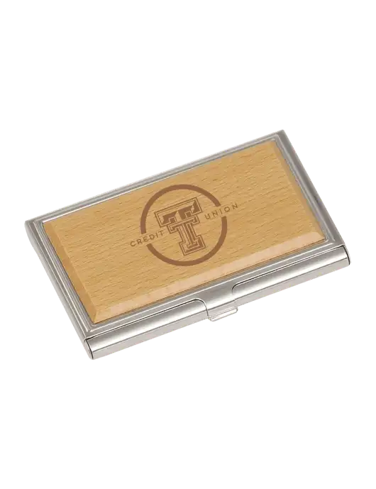 Wood & Silver Business Card Case w/Texas Tech CU Logo