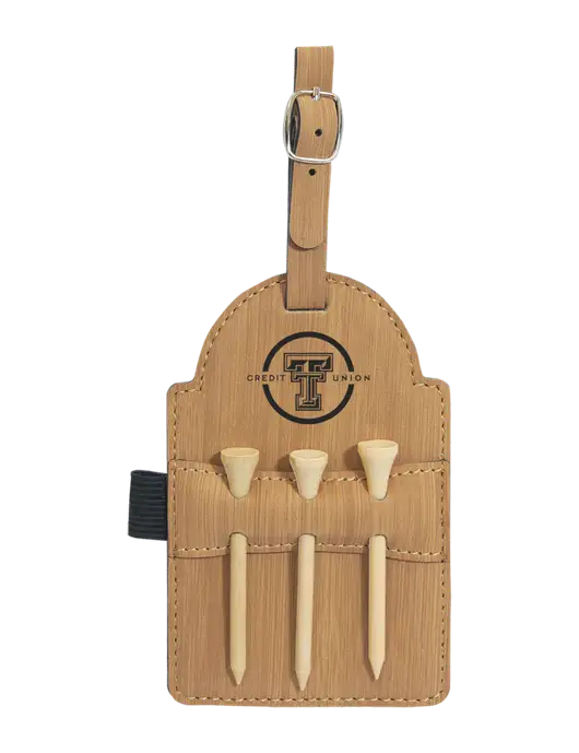 Bamboo Leatherette Golf Bag Tag with 3 Wooden Tees w/Texas Tech CU Logo