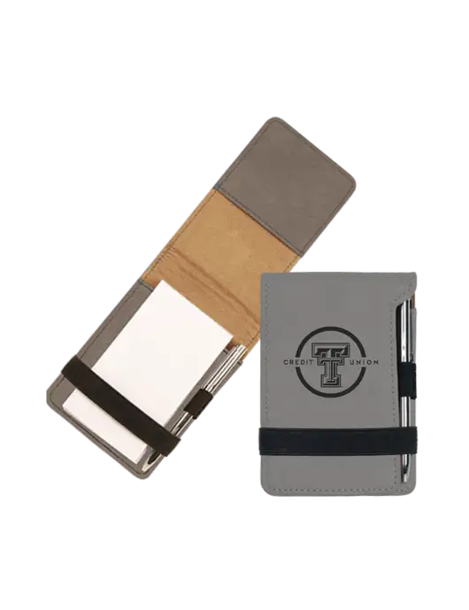 Grey Leatherette Mini Notepad with Pen,  3.25 x 4.75 w/Texas Tech CU Logo