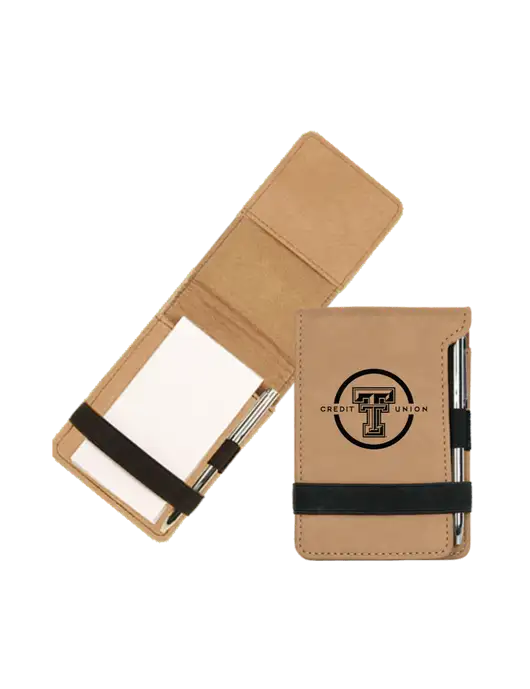 Tan Leatherette Mini Notepad with Pen,  3.25 x 4.75 w/Texas Tech CU Logo