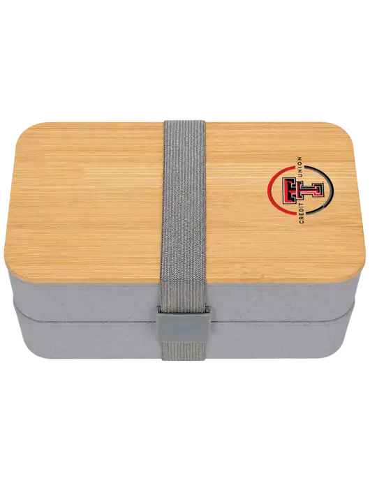Double Decker Light Medium Grey Lunch Box w/Eco-Friendly FSC Bamboo Lid & Reusable Utensils w/Texas Tech CU Logo
