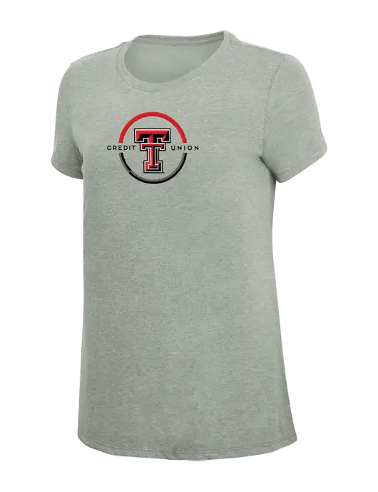 Womens Simply Soft Heathered Light Grey 4.5oz Poly/Combed Ring Spun Cotton T-Shirt w/Texas Tech CU Logo
