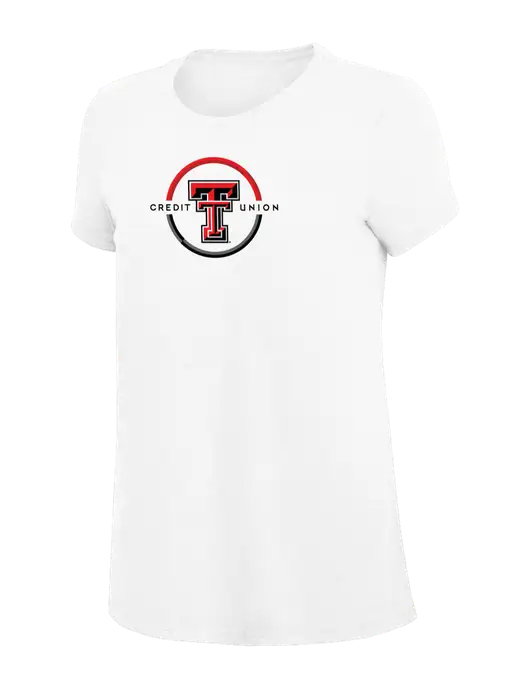 Womens Simply Soft White 4.5oz Poly/Combed Ring Spun Cotton T-Shirt
 w/Texas Tech CU Logo
