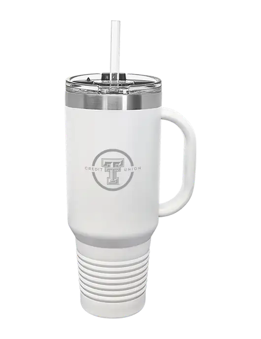 Polar Camel 40 oz. Powder Coated Vacuum Insulated White Travel Mug with Straw w/Texas Tech CU Logo