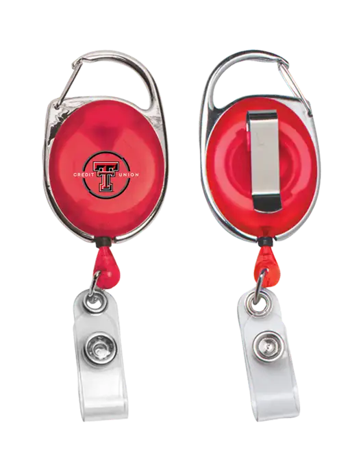 Red Carabiner Style Badge Reel and Badge Holder w/Texas Tech CU Logo