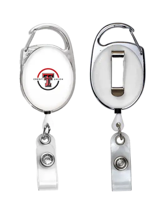 White Carabiner Style Badge Reel and Badge Holder w/Texas Tech CU Logo