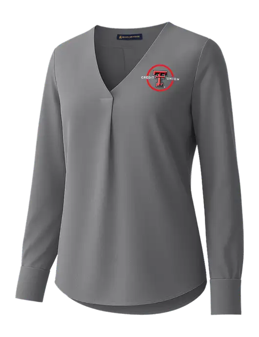 Brooks Brothers Womens Medium Grey Open-Neck Satin Blouse  w/Texas Tech CU Logo
