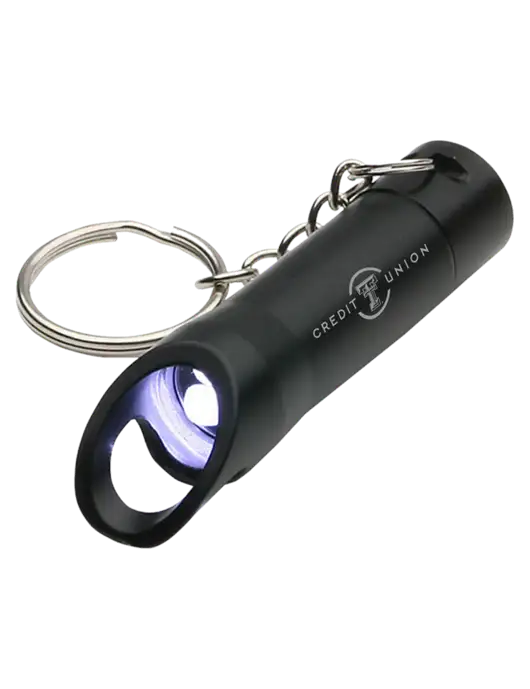 Black Pocket LED Flashlight with Bottle Opener & Keychain w/Texas Tech CU Logo