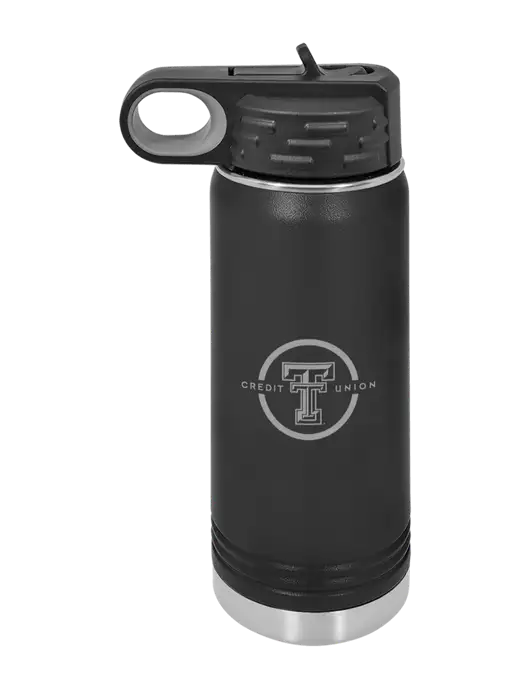 Polar Camel 20 oz Powder Coated Black Vacuum Insulated Water Bottle w/Texas Tech CU Logo