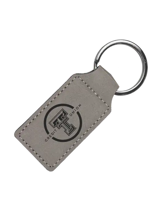 Grey Laserable Leatherette Rectangle Keychain w/Texas Tech CU Logo
