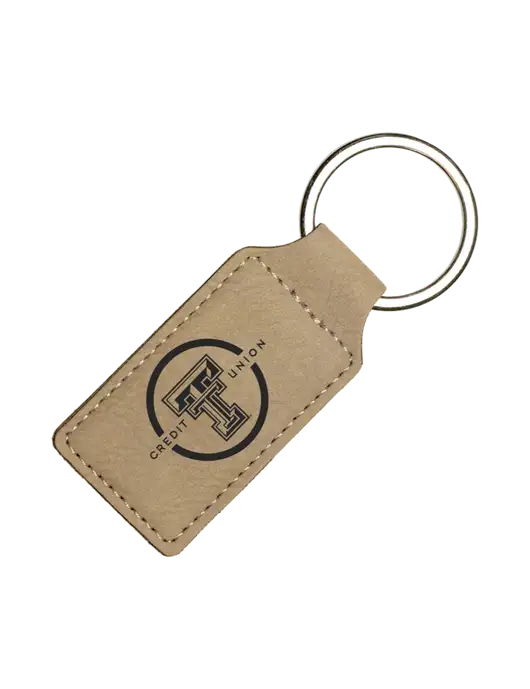 Tan Laserable Leatherette Rectangle Keychain w/Texas Tech CU Logo