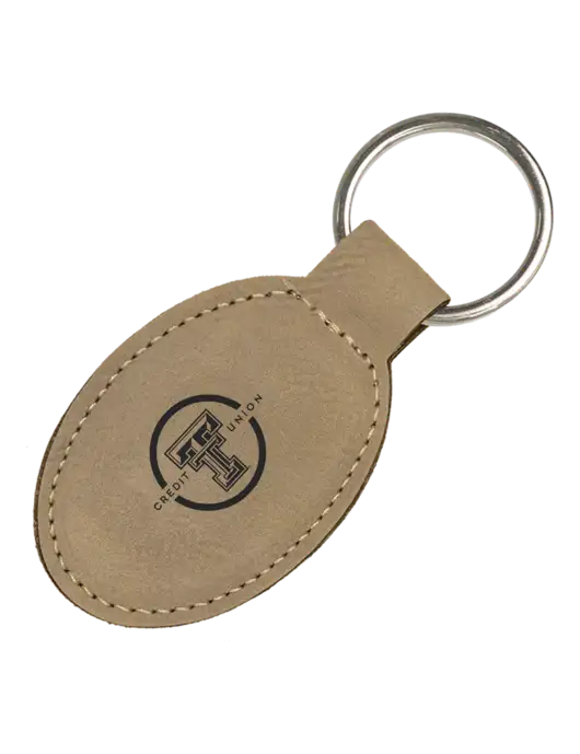 Tan Leatherette Oval Keychain w/Texas Tech CU Logo