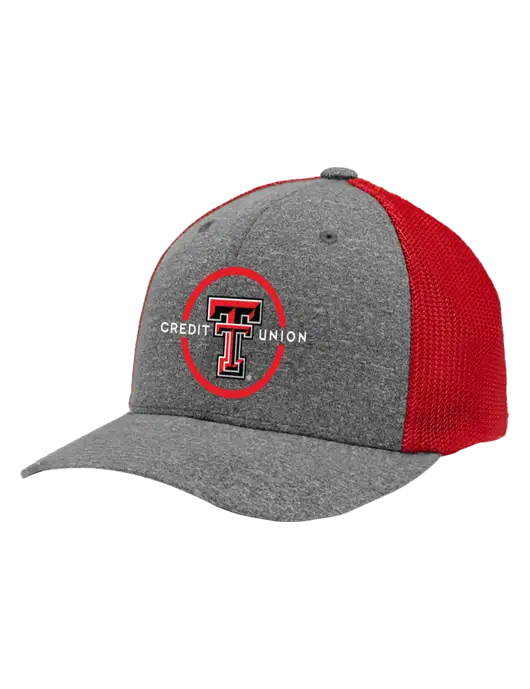 Flexfit Red/Medium Grey Heather Melange Mesh Back Trucker Cap w/Texas Tech CU Logo