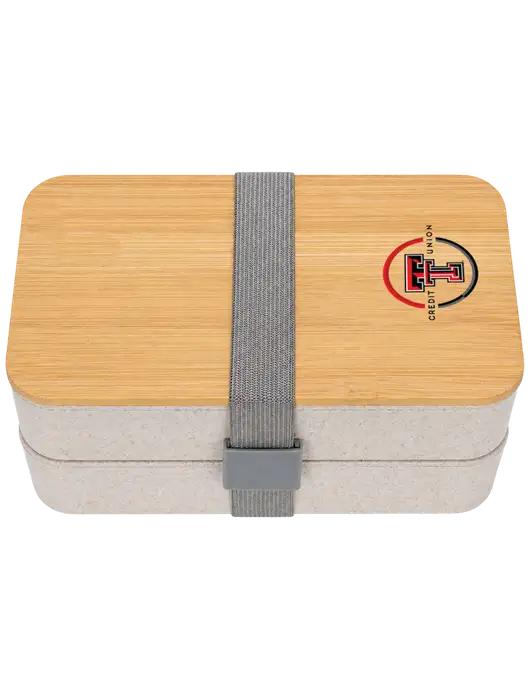 Double Decker Natural Ivory Lunch Box w/Eco-Friendly FSC Bamboo Lid & Reusable Utensils w/Texas Tech CU Logo