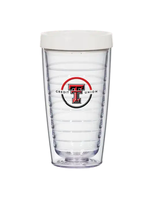 16 oz Trivex Double Wall Tumbler with White Travel Lid w/Texas Tech CU Logo